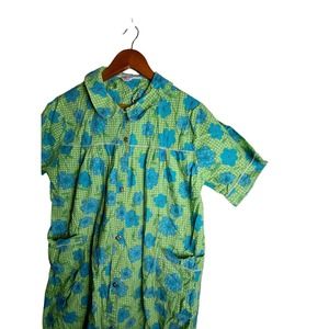 Permanent Press Retro MooMoo House Robe Green Floral 70's Button Up Pockets